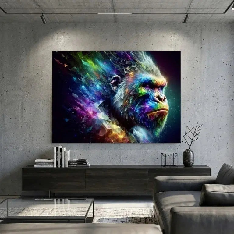Poster premium d'un portrait de gorille aux formes géométriques colorés sur un mur gris dans un intérieur salon contemporain. Art symbolique contemporain SEVEIA