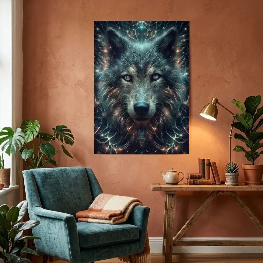 Poster d'art contemporain représentant un loup cosmique lumineux avec motifs stellaires et énergie céleste dans un environnement salon cosy sur un mur terrocata - SEVEIA