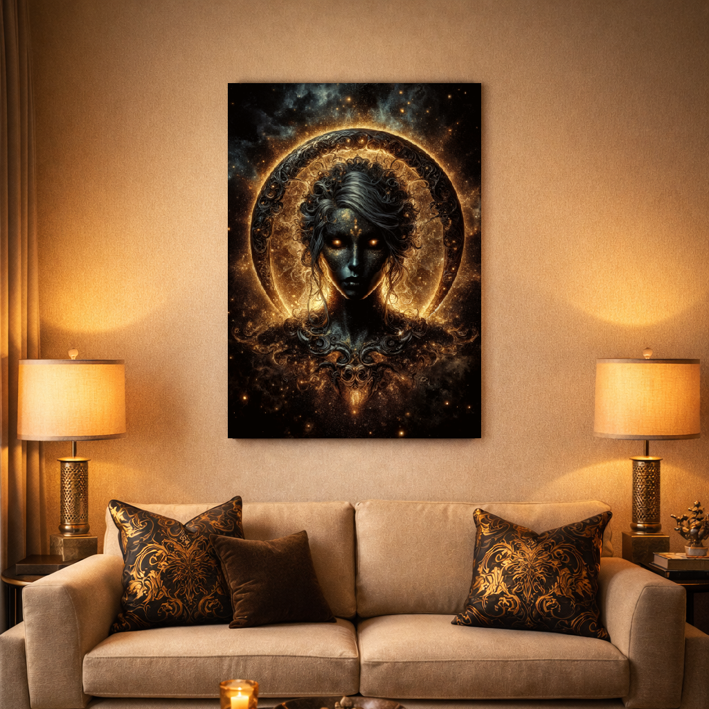 Poster premium d'art contemporain représentant  un  portrait de femme cosmique incandescent avec une eclipse lumineuse dorée et une aura stellaire - SEVEIA