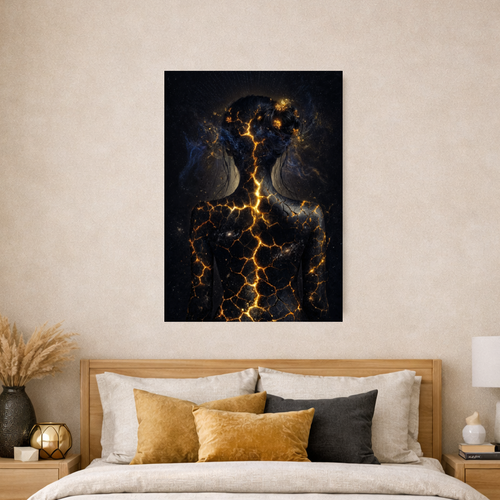 Poster premium d'art contemporain représentant  une silhouette de femme de dos cosmique incandescent avec des fissures lumineuses dorées et une aura stellaire - SEVEIA