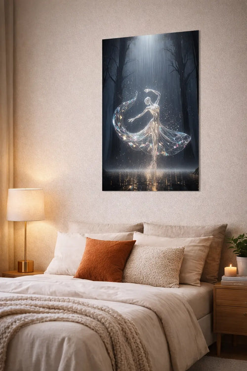 Affiche premium d'une danseuse lumineuse en robe cristalline dans une forêt sombre dans un intérieur chambre moderne cosy sur un mur beige. Art symbolique de transformation et d’énergie intérieure. Art symbolique contemporain SEVEIA.