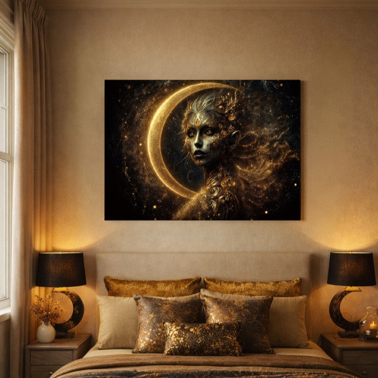 Poster premium d'art contemporain représentant  un portrait de femme cosmique incandescent avec une eclipse lumineuse dorée et une aura stellaire - SEVEIA