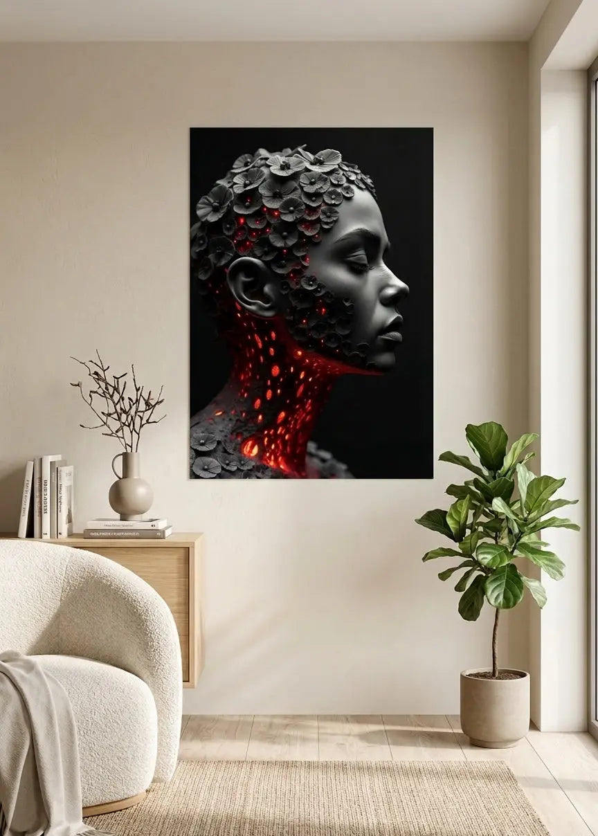 poster d'art contemporain représentant un visage sculptural traversé de fissures volcaniques lumineuses, symbole de transformation intérieure aux couleurs noir grise et rouge dans un intérieur moderne aux teintes blanc crème – SEVEIA