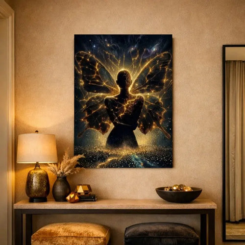 Poster premium d'art contemporain représentant  une silhouette de femme-papillon cosmique incandescent avec des fissures lumineuses dorées et une aura stellaire - SEVEIA