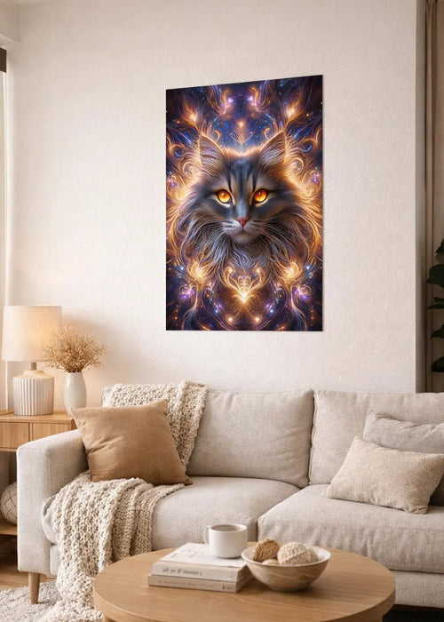 Affiche premium d'un chat cosmique aux yeux lumineux avec motifs énergétiques colorés dans un intérieur salon moderne cosy sur un mur blanc. Art symbolique sur l’intuition et le mystère. Art symbolique contemporain SEVEIA.