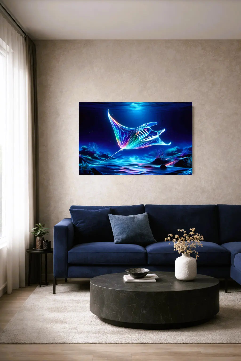 Affiche art symbolique raie manta bioluminescente bleu turquoise fond marin abyssal dans un intérieur salon contemporain sur un mur sable. Art symbolique contemporain SEVEIA.