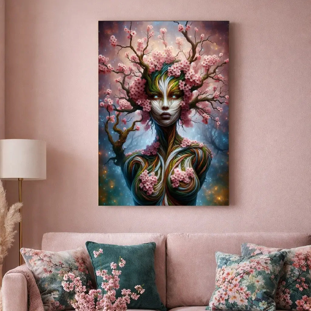 Poster premium représentant une femme-arbre aux fleurs de cerisiers roses. Art symbolique contemporain SEVEIA.