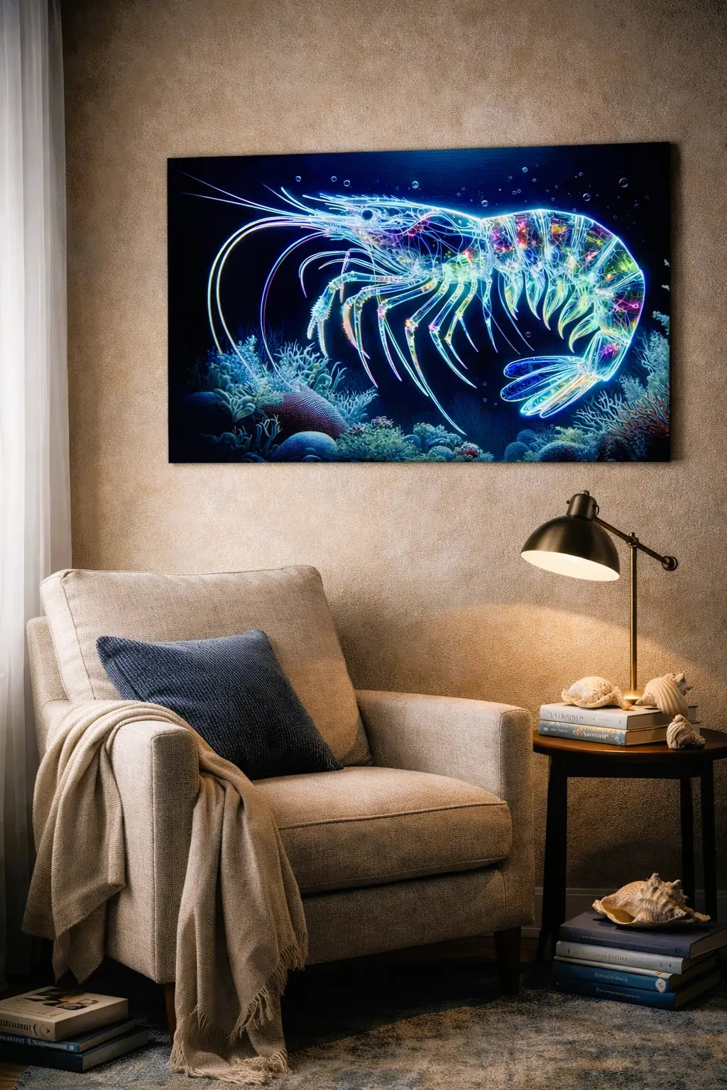 Poster crevette bioluminescente translucide bleu art symbolique minimaliste fond marin dan un intérieur coin lecture sur un mur beige. Art symbolique contemporain SEVEIA.