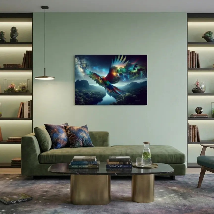 Poster d'art contemporain représentant  un perroquet lumineux en plein vol avec des plumes multicolores rayonnantes et un paysage de jungle - SEVEIA