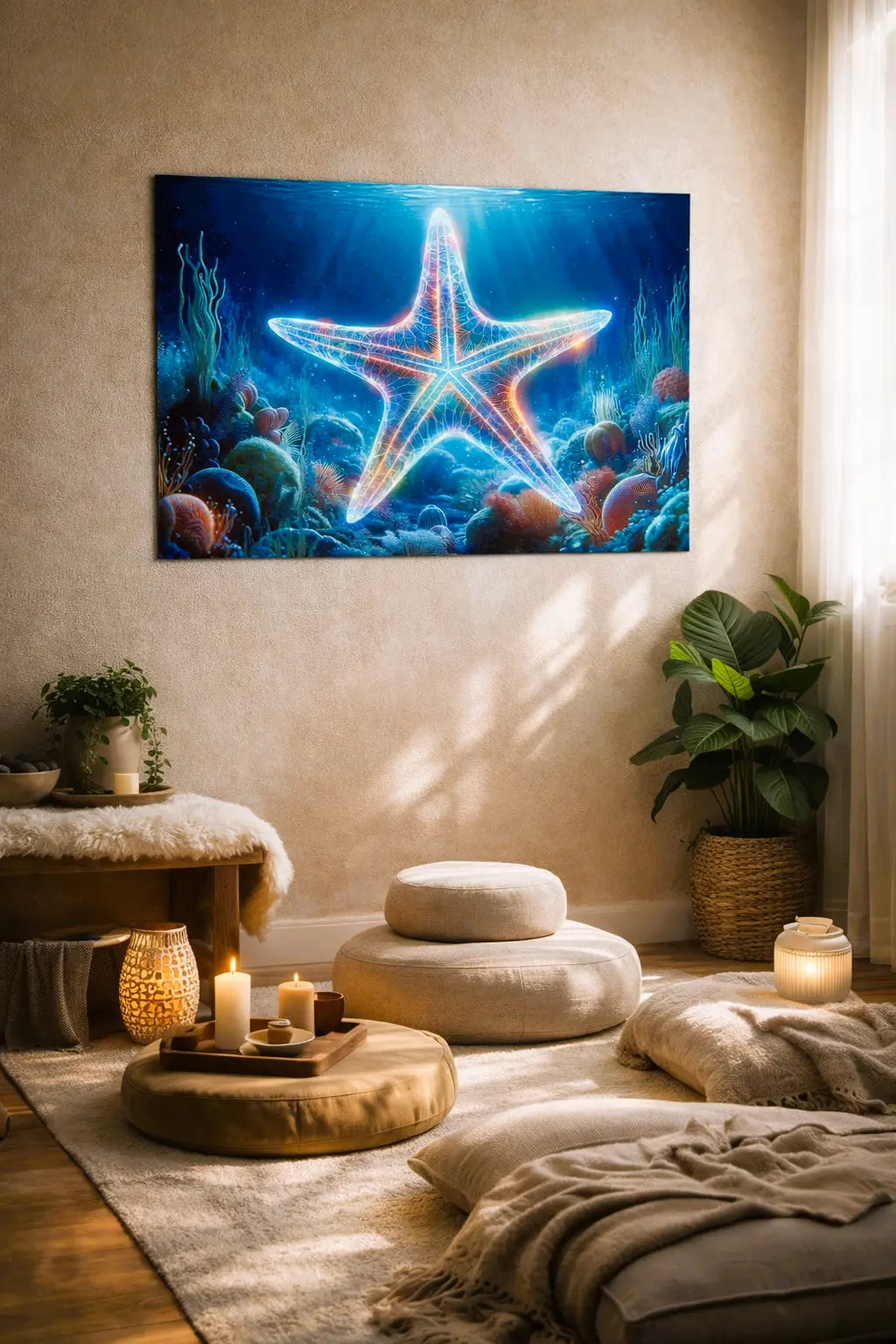 Affiche étoile de mer lumineuse art symbolique récif corallien bleu nuit dans un intérieur méditatif et zen sur un mur biege. Art symbolique contemporain SEVEIA.