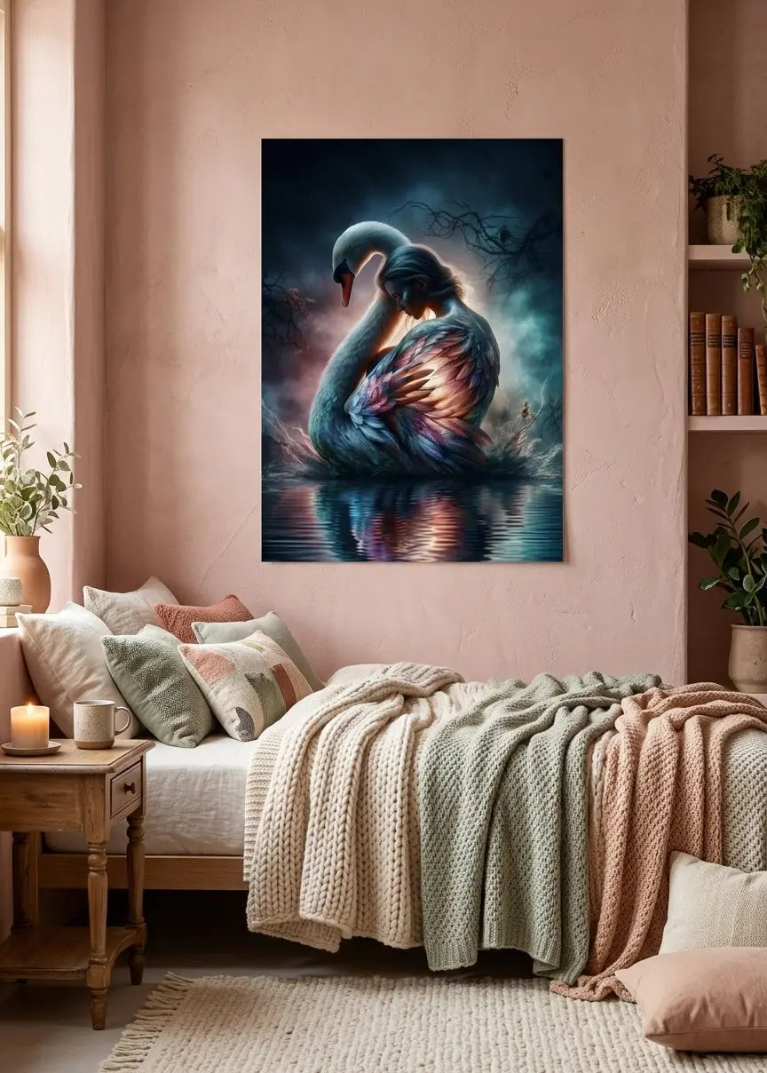 poster d'art contemporain représentant un cygne aux plumes lumineuses enlacé par une femme se reflétant dans l'eau, symbole d'origine et de pureté aux couleurs irisées dans un intérieur aux teintes roses poudrées style cosy  – SEVEIA
