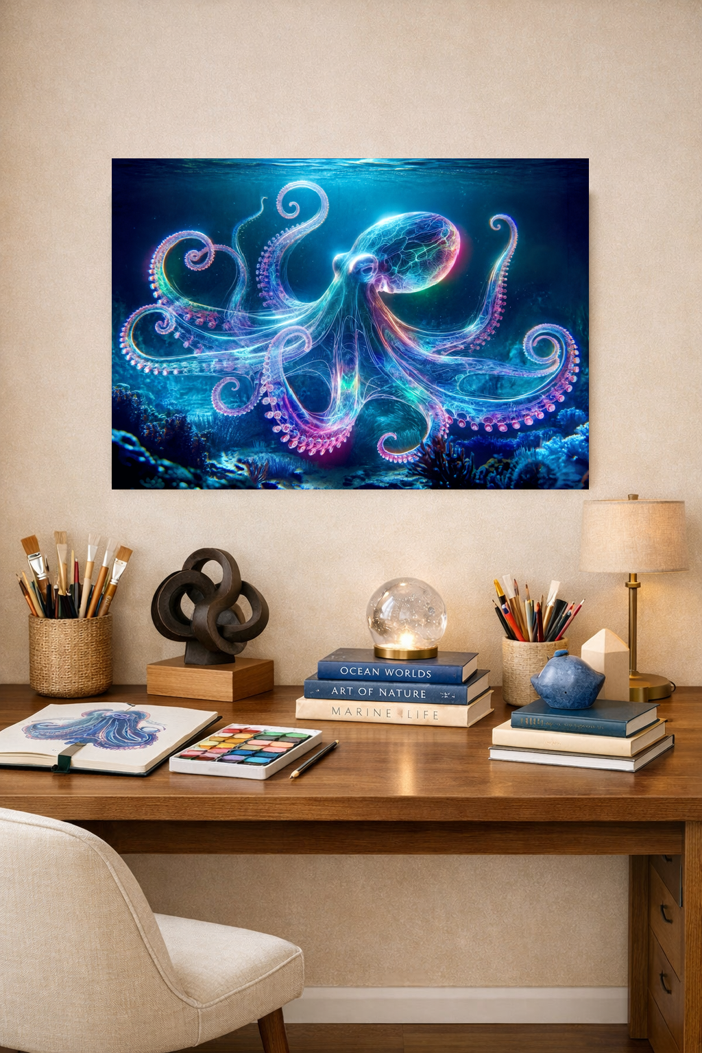 Affiche pieuvre bioluminescente tentacules multicolores art symbolique fond marin sombre dans un intérieur bureau créatif sur un mur sable. Art symbolique contemporain - SEVEIA