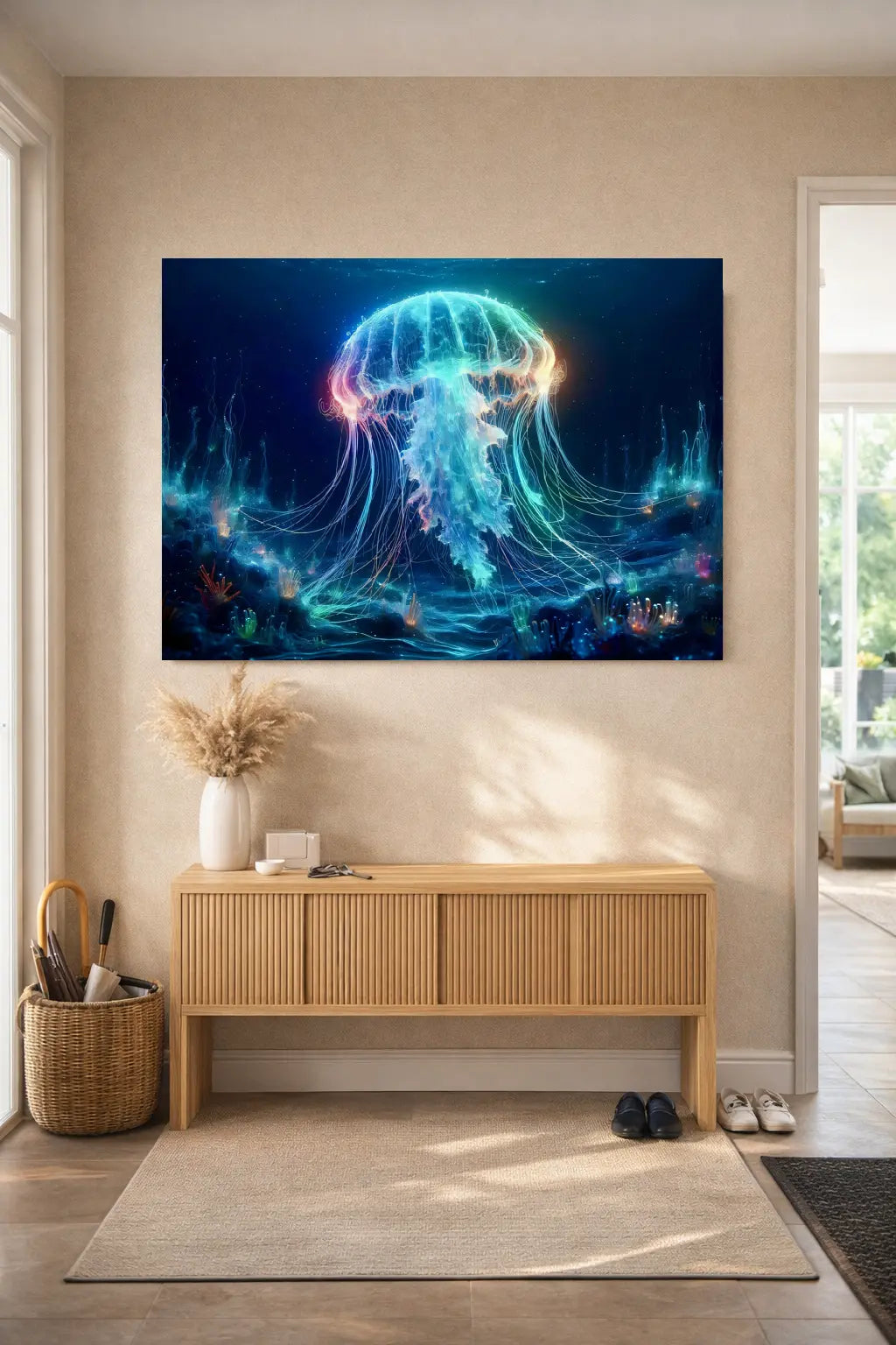 Affiche méduse bioluminescente tentacules lumineux roses bleus art symbolique fond océan dans un intérieur entrée minimaliste sur un mur sable. Art symbolique contemporain SEVEIA.