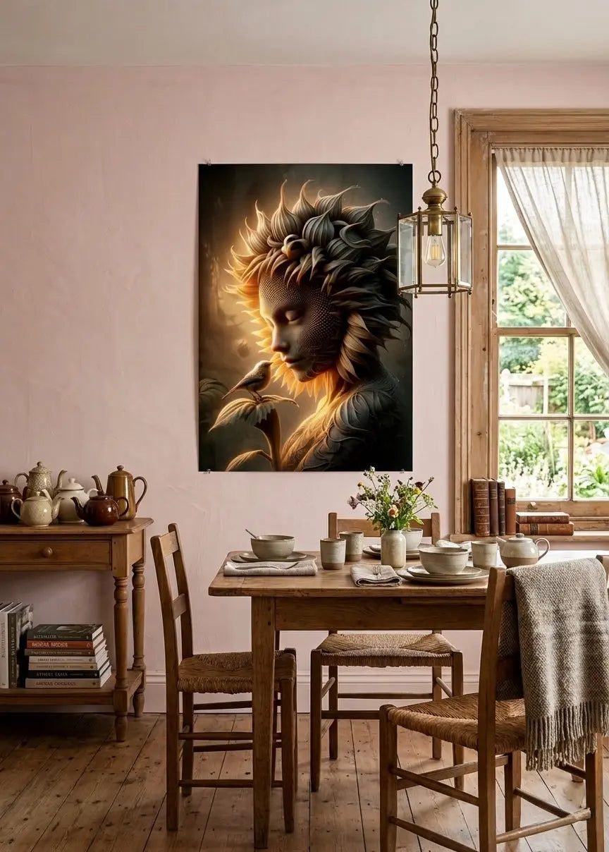 poster d'art contemporain représentant un visage solaire entouré de feuilles et de lumière dorée, symbole de renaissance et d'harmonie avec la nature dans un intérieur bohème dans les teintes roses poudrées  – SEVEIA