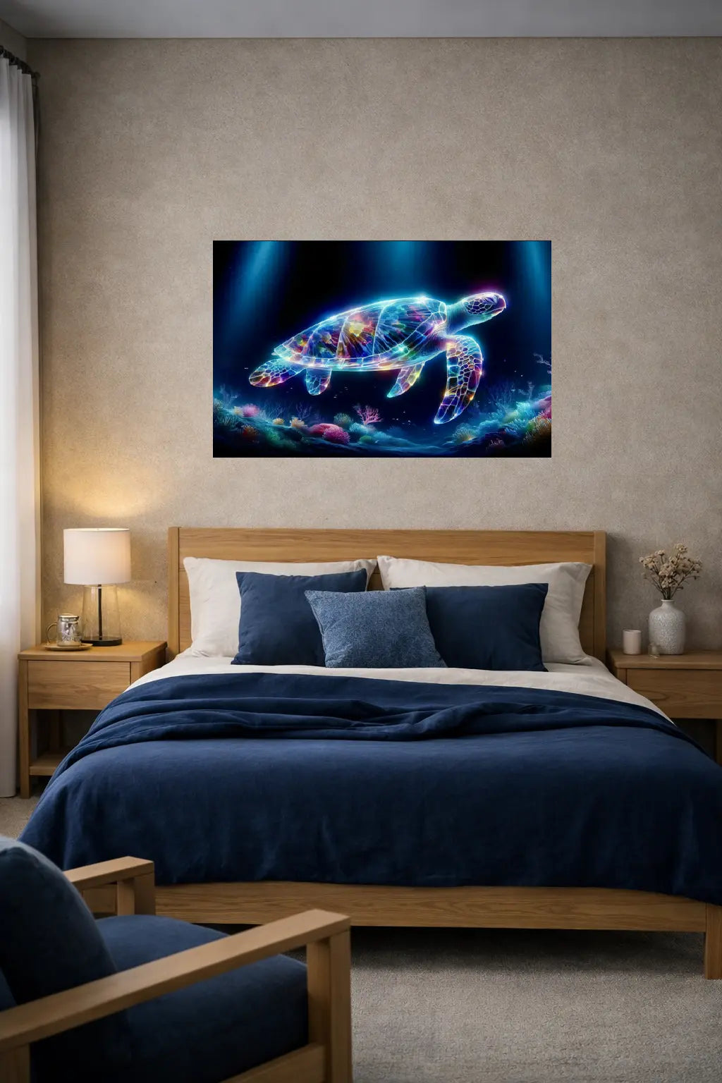 Affiche tortue marine bioluminescente carapace lumineuse art symbolique fond océan bleu dans un intérieur chambre minimaliste sur un mur sable. Art symbolique contemporain SEVEIA.