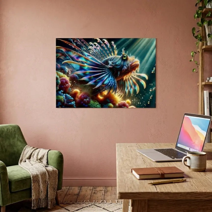 Poster art contemporain représentant un poisson‑lion coloré nageant parmi les coraux multicolores dans une scène océanique lumineuse dans un intérieur bureau cosy au mur rose - SEVEIA