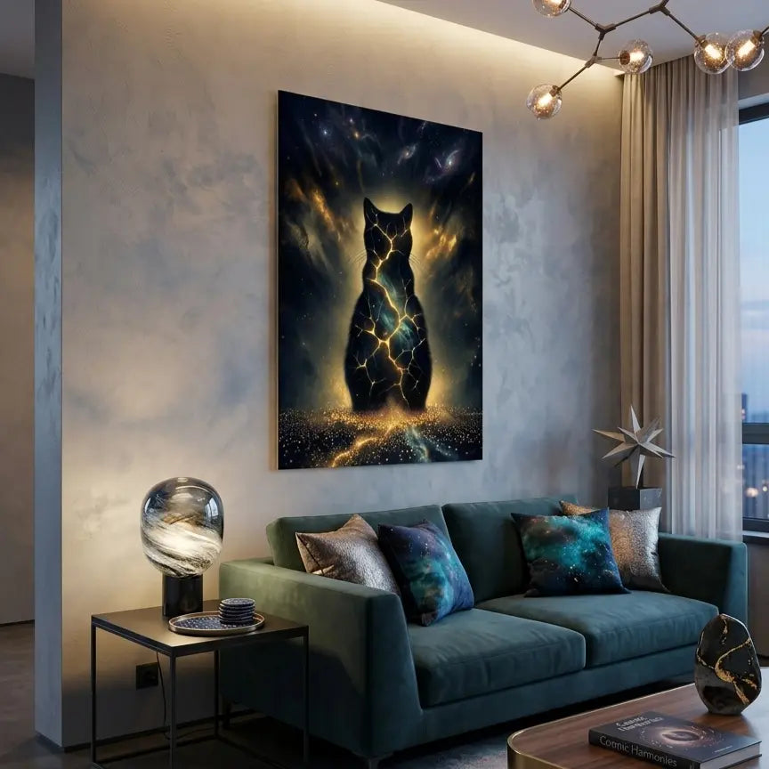Poster premium d'art contemporain représentant  un chat cosmique incandescent avec des fissures lumineuses dorées et une aura stellaire - SEVEIA