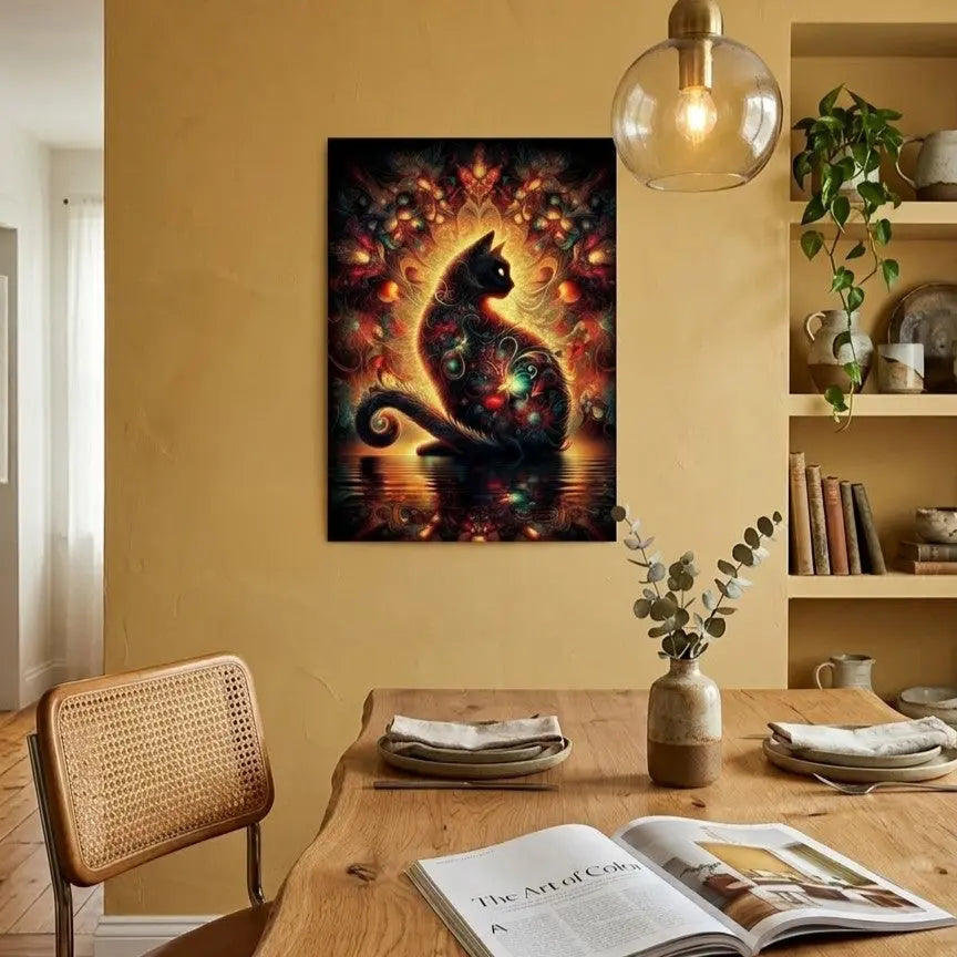 Poster art contemporain représentant un chat mystique orné de motifs colorés et entouré d’une aura lumineuse sur fond noir dans un intérieur cosy moderne au mur jaune - SEVEIA