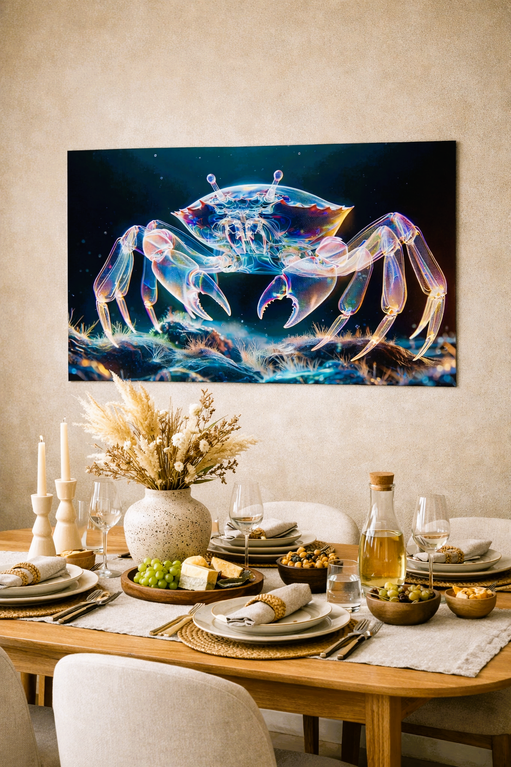 Affiche crabe bioluminescent carapace lumineuse art symbolique fond marin nocturne dans un intérieur salle à manger sur un mur beige sable. Art symbolique contemporain - SEVEIA