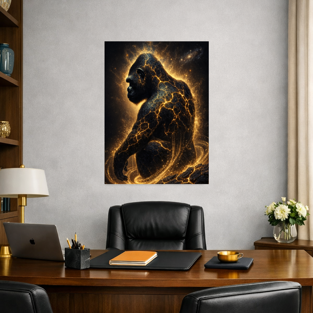 Poster premium d'art contemporain représentant  un gorille cosmique incandescent avec des fissures lumineuses dorées et une aura stellaire - SEVEIA