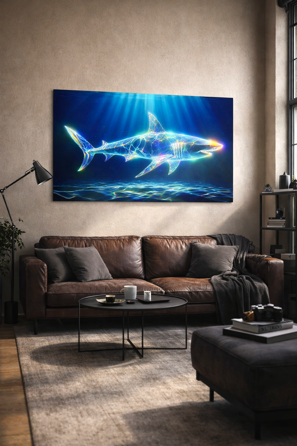 Affiche requin bioluminescent art symbolique lignes lumineuses bleues fond océan profond dans un intérieur salon masculin type loft sur un mur beige. Art symbolique contemporain - SEVEIA