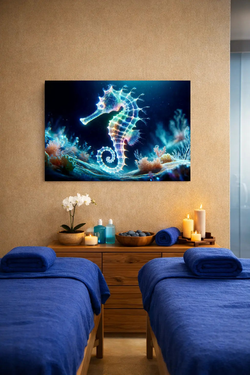 Affiche hippocampe bioluminescent courbes lumineuses art symbolique fond corail marin dans un intérieur spa sur un mur sable. Art symbolique contemporain SEVEIA.