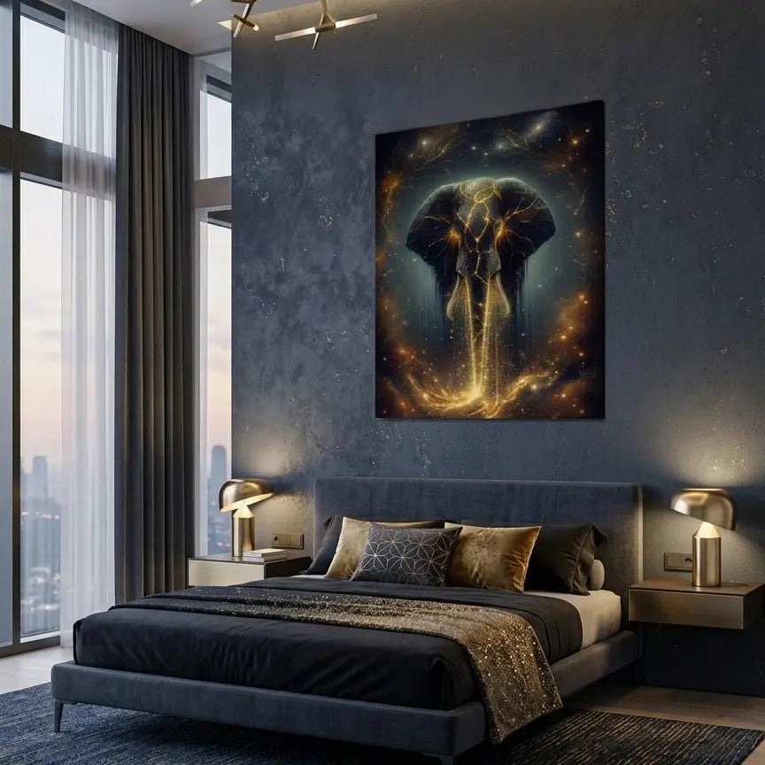 Poster premium d'art contemporain représentant  un éléphant doré céleste avec des fissures lumineuses et une aura spirituelle - SEVEIA
