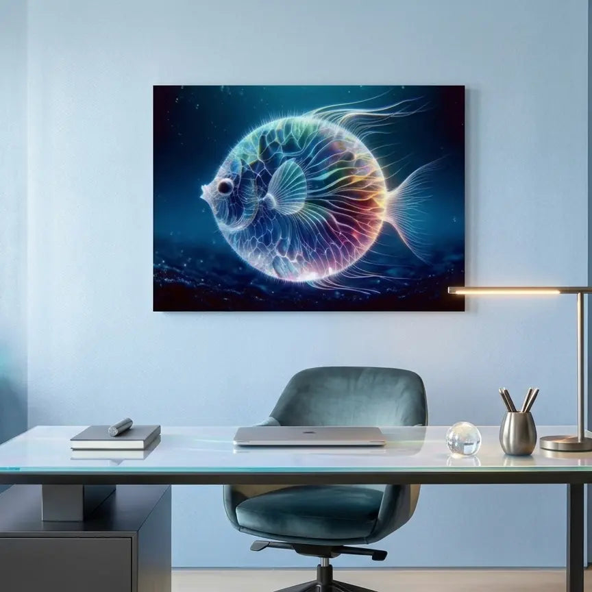 Poster d'art contemporain représentant  un poisson boule néon translucide nageant dans un environnement marin lumineux - SEVEIA