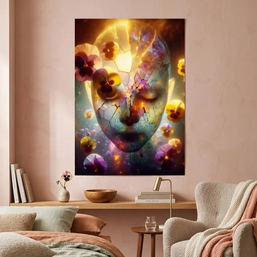 Poster d'art contemporain représentant un portrait de femme porcelaine craquelée lumineux avec fleurs colorées intégrées aux fissures dans un intérieur chambre rose - SEVEIA