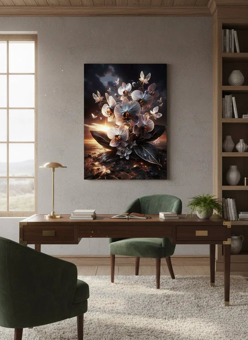 poster d'art contemporain représentant une fleur d'orchidée blanche lumineuse surgissant de la terre, symbole d'origine et de naissance de la vie dans un intérieur moderne dans les teintes grises et bois – SEVEIA