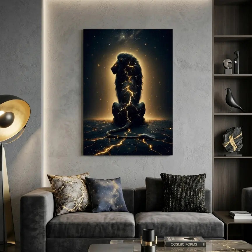 poster premium d'un Lion assis avec fissures lumineuses dorées sur le corps, art symbolique contemporain représentant la résilience et la force intérieure pour décoration murale - SEVEIA