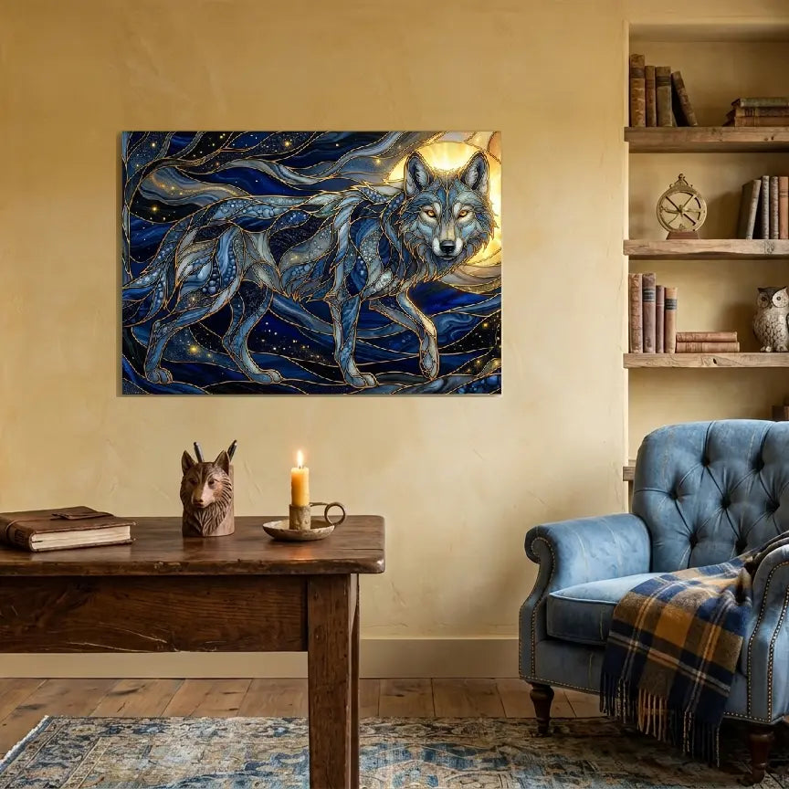 Poster premium d'un loup gris et bleu comme les racines entrelacées avec énergie cosmique et lumière dorée, art symbolique contemporain représentant l’ancrage, la connexion à la nature et à l’univers - SEVEIA