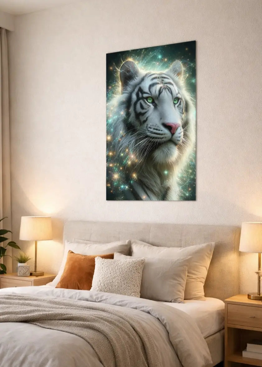 Affiche premium d'un tigre blanc cosmique avec regard intense vert entouré d’étoiles dans un intérieur chambre moderne cosy sur un mur blanc. Art symbolique de puissance et de maîtrise intérieure. Art symbolique contemporain SEVEIA.