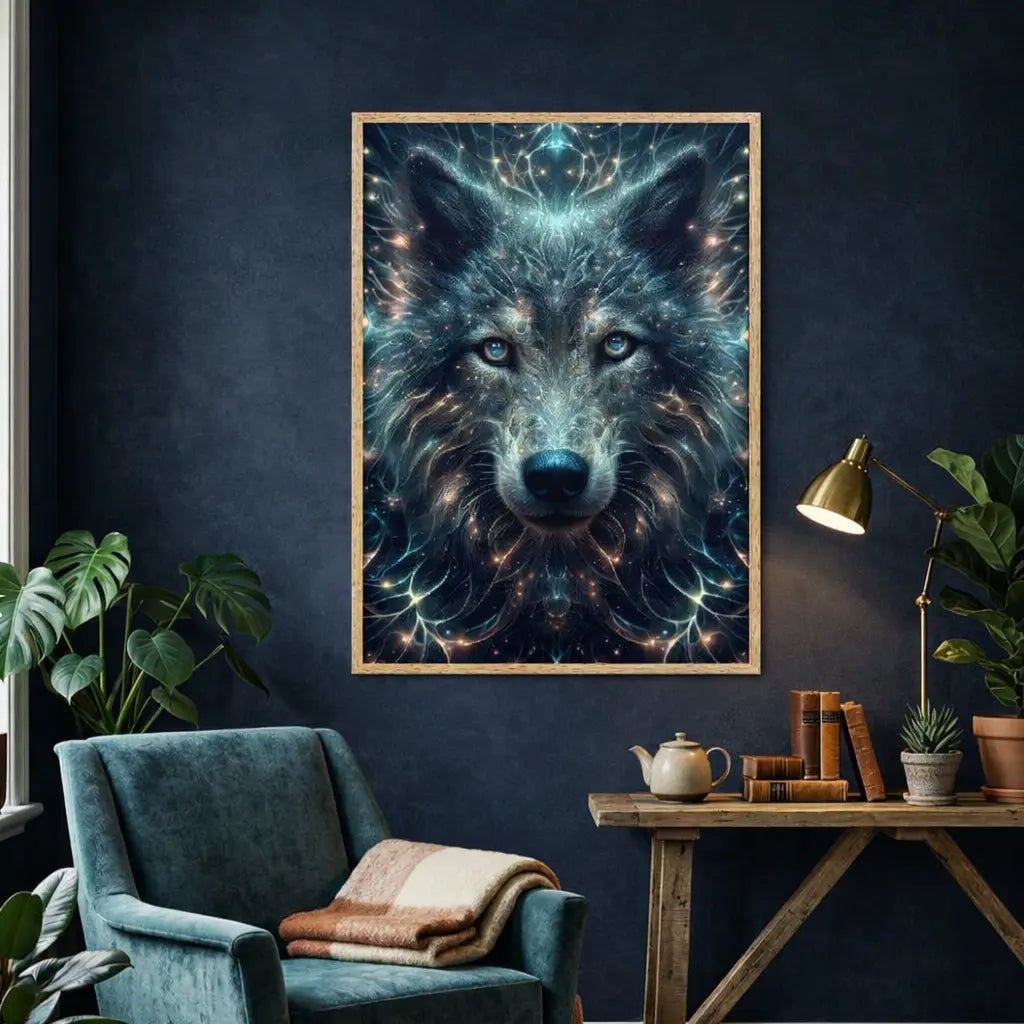 Poster encadré d'art contemporain représentant un loup cosmique lumineux avec motifs stellaires et énergie céleste - SEVEIA