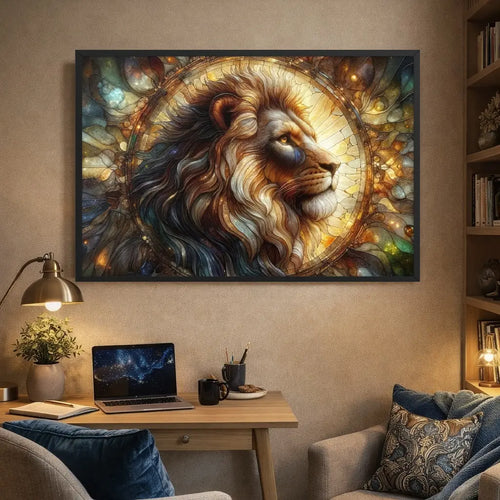 Poster premium encadré vitrail tête de lion avec halo doré style totem symbolique contemporain - SEVEIA.