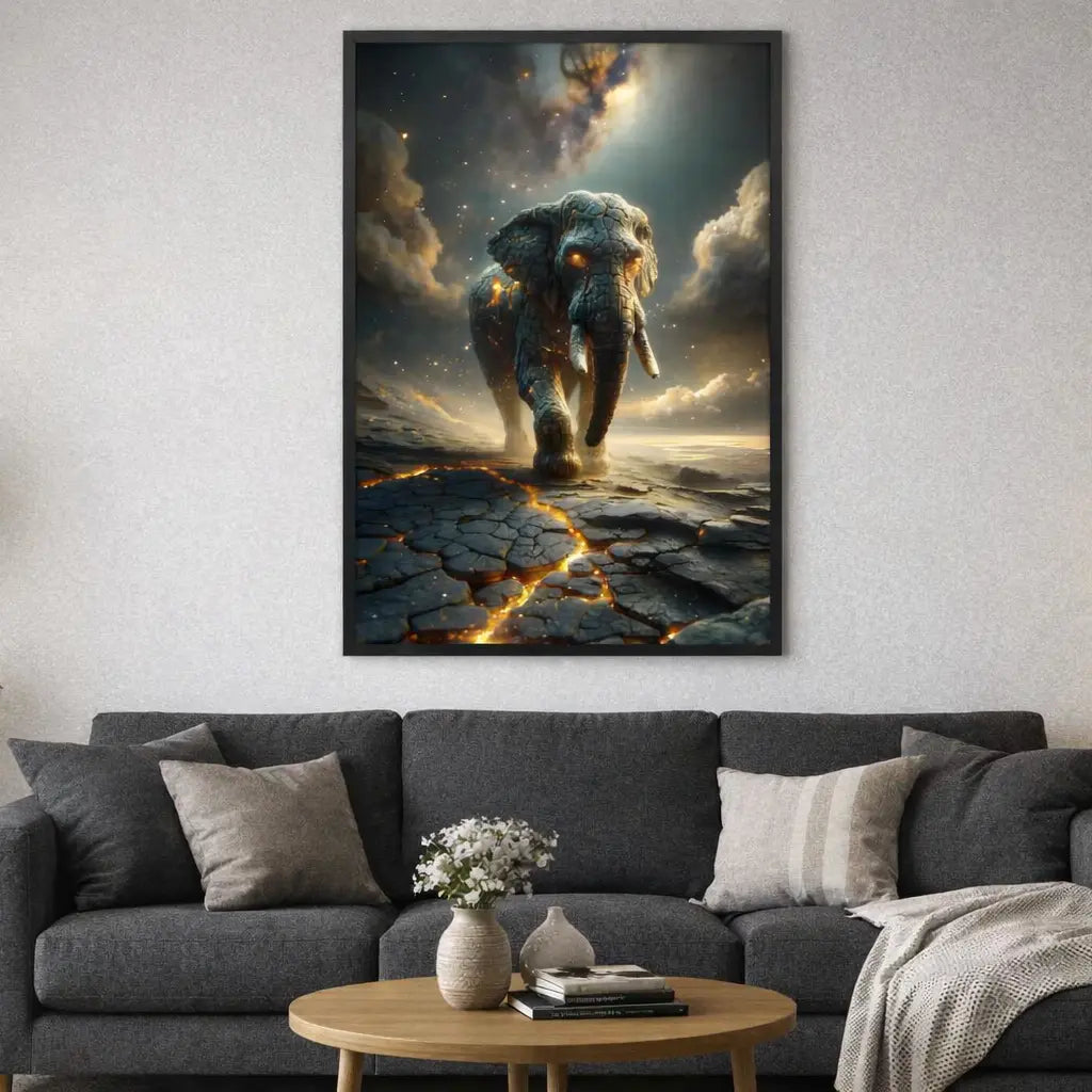 poster encadré d'art contemporain représentant un éléphant en lave craquelée, œuvre symbolique aux couleurs grises et or – SEVEIA