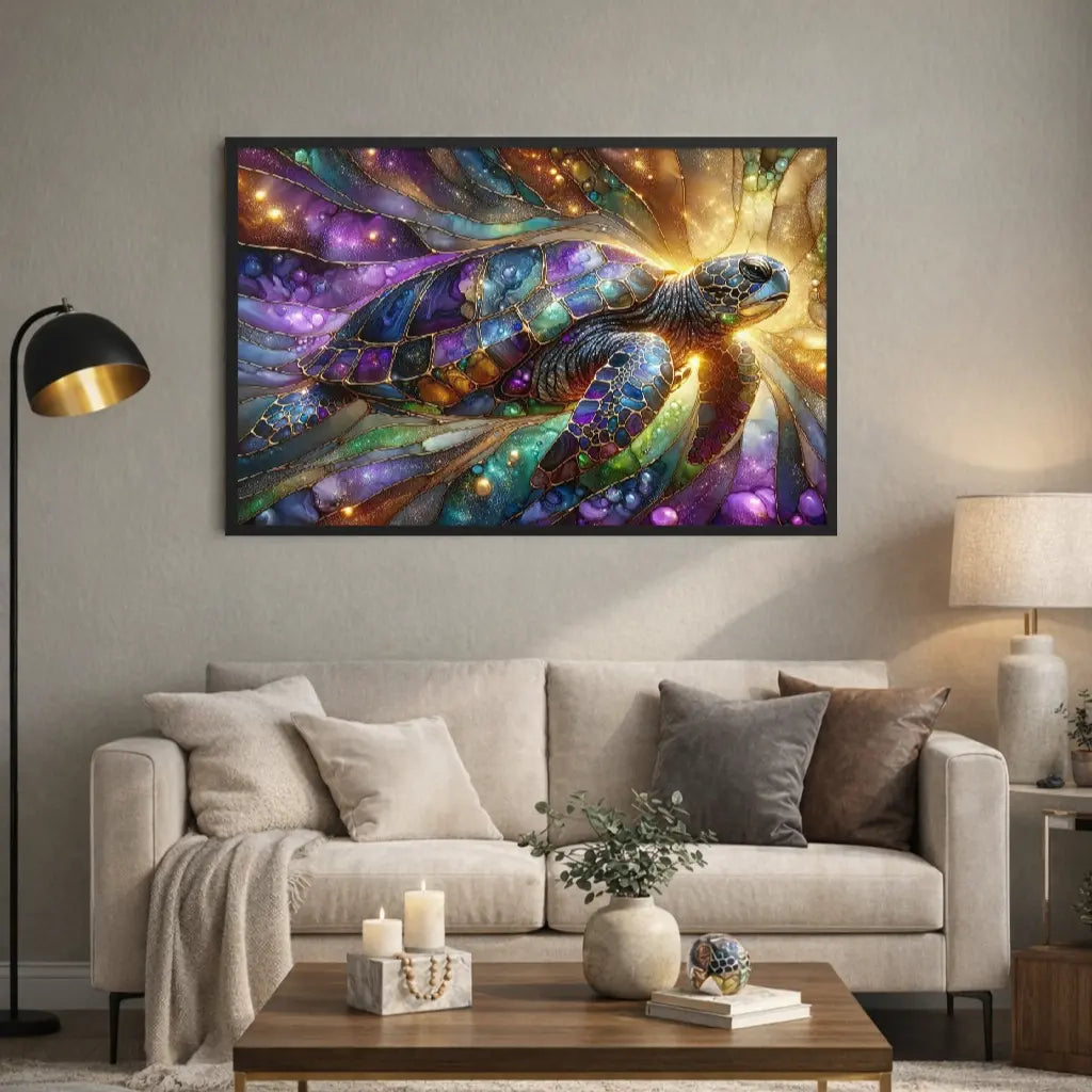 poster encadré d'art contemporain représentant une tortue violette et verte, effet vitrail, œuvre symbolique aux couleurs vives – SEVEIA