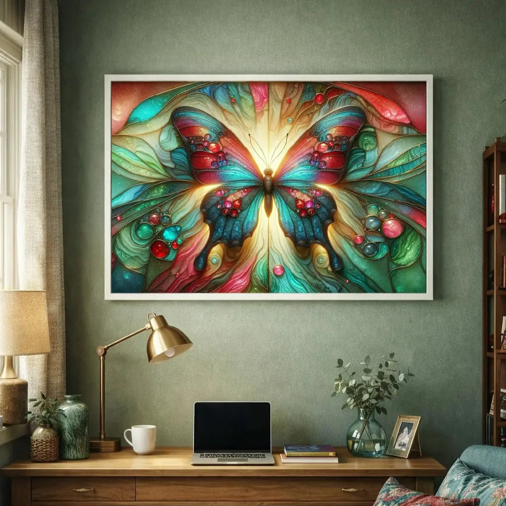 Poster premium encadré vitrail papillon multicolore avec halo doré, symbole de métamorphose, art symbolique contemporain - SEVEIA.
