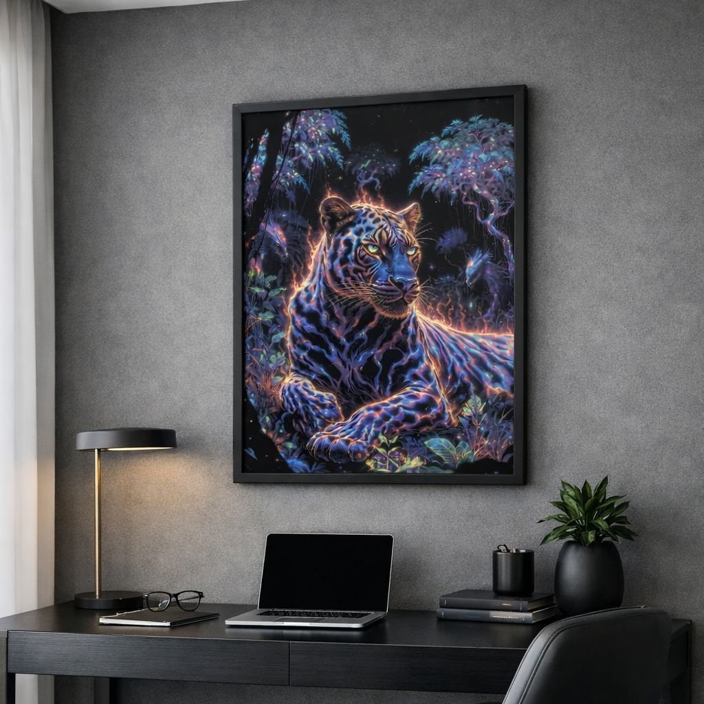 poster premium encadré d'art contemporain représentant une panthère aux couleurs électriques dans la jungle, œuvre symbolique aux tons multicolores – SEVEIA