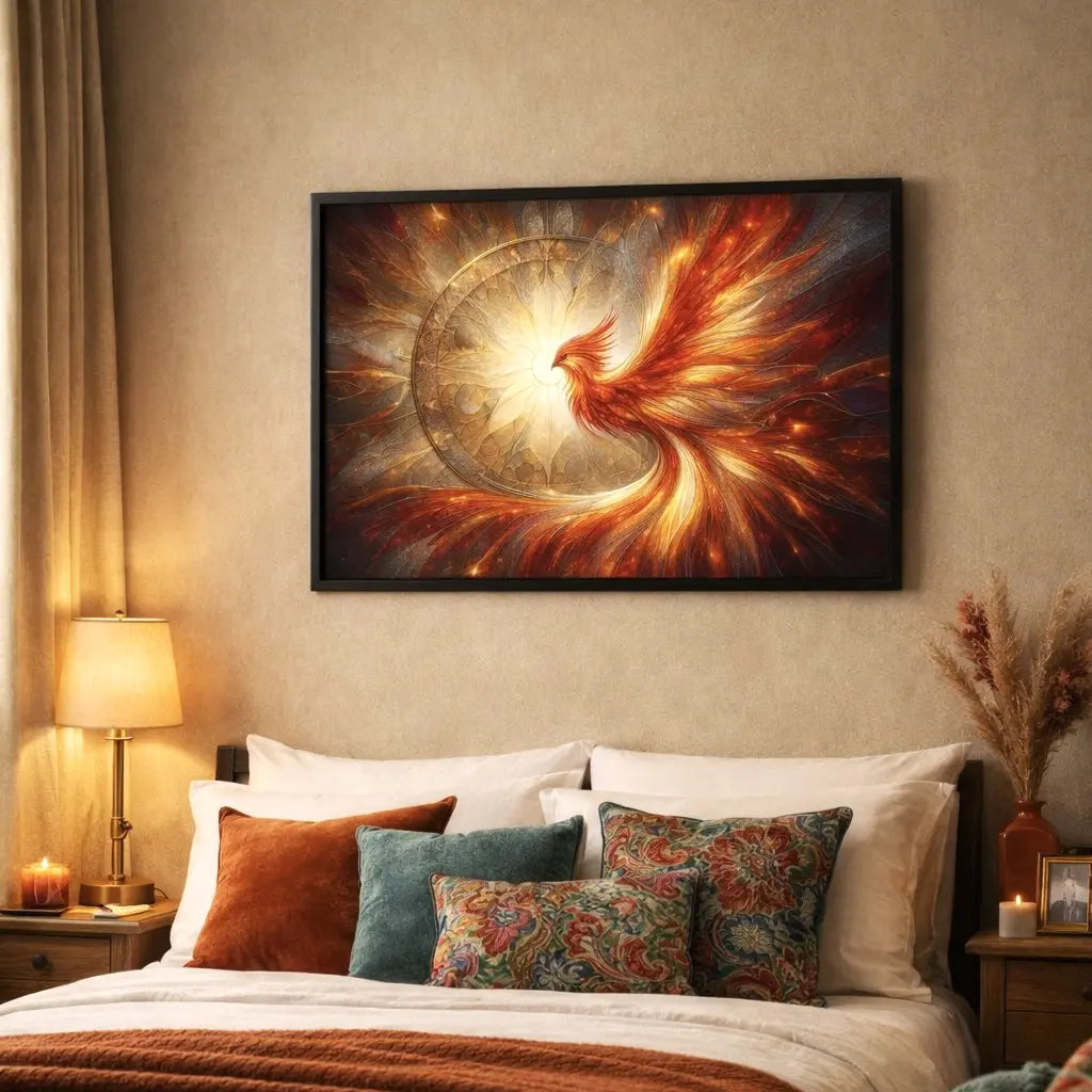 Poster premium encadré vitrail phénix rouge et or, explosion lumineuse centrale, symbole de renaissance. Art symbolique contemporain - SEVEIA.