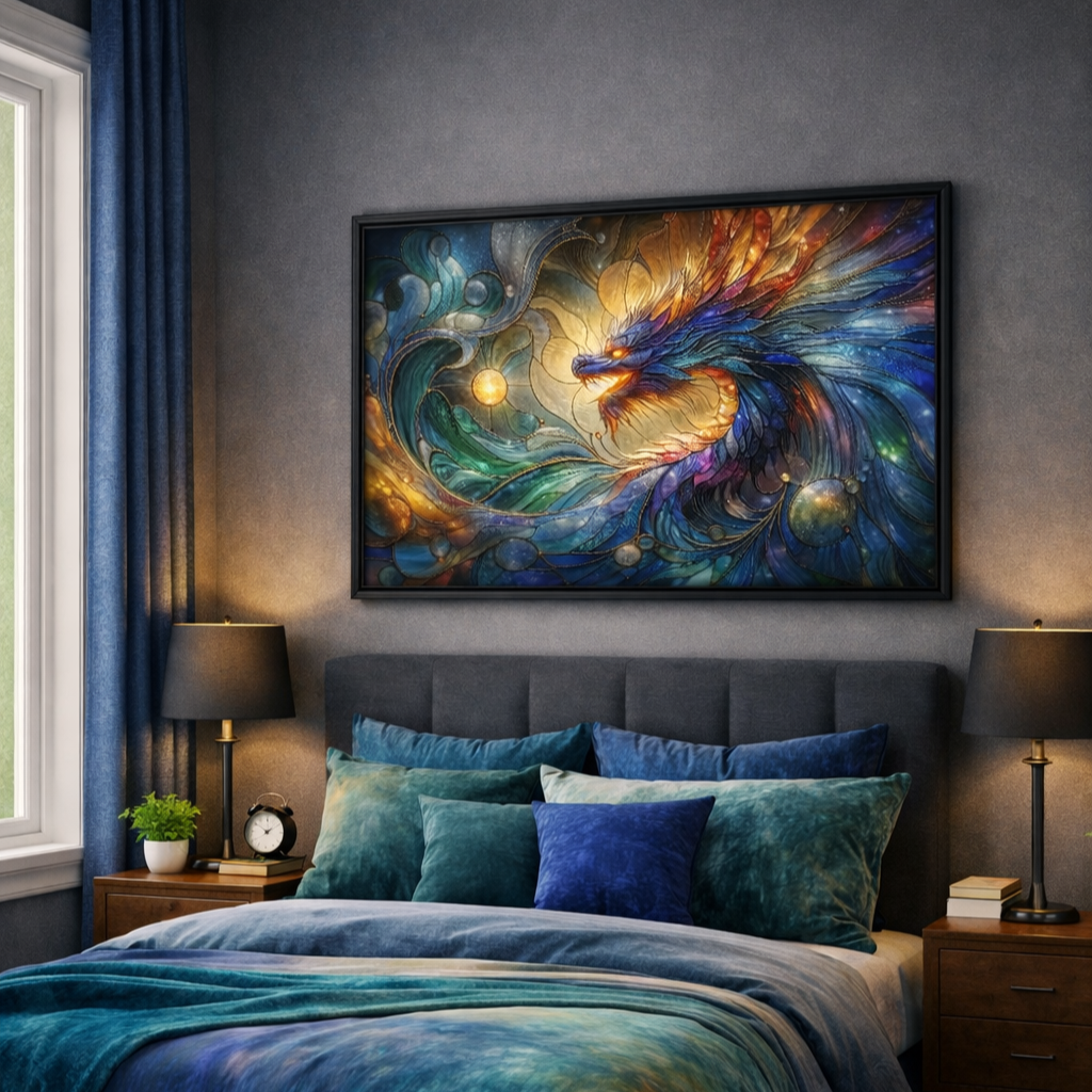 Poster premium encadré vitrail dragon bleu et or, ailes en spirale, symbole de force et puissance. Art symbolique contemporain - SEVEIA.