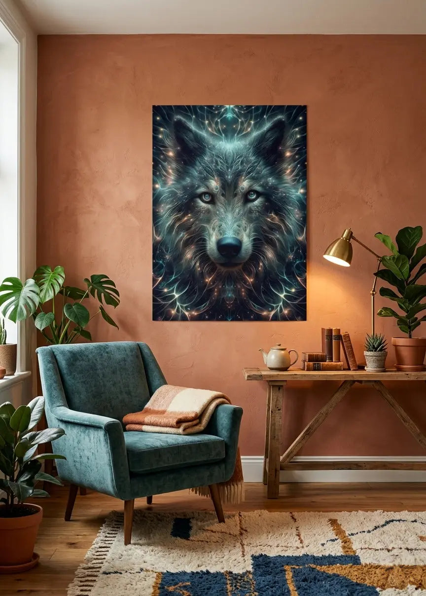 Poster d'art contemporain représentant un loup cosmique lumineux avec motifs stellaires et énergie céleste - SEVEIA