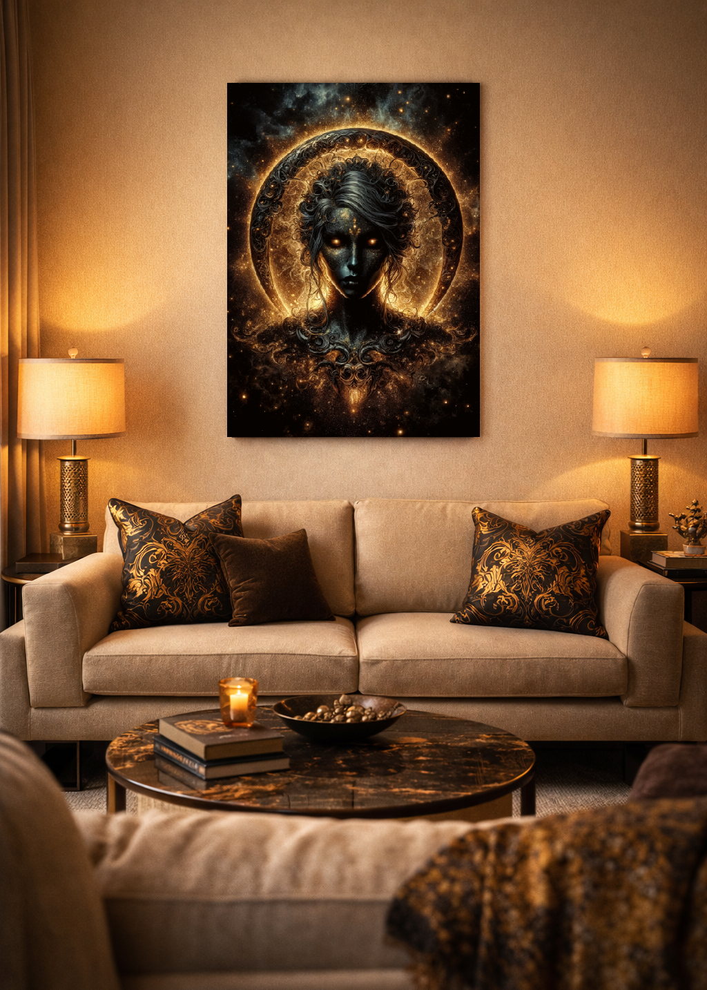 Affiche premium d'art contemporain représentant  un portrait de femme cosmique incandescent avec une éclipse lumineuse dorée et une aura stellaire dans un intérieur salon minimaliste sur un mur beige - SEVEIA