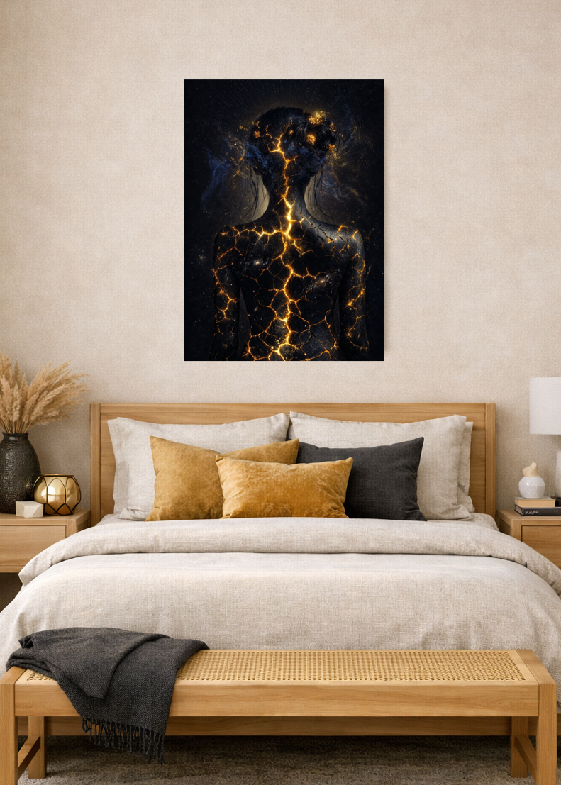 Poster premium d'art contemporain représentant  une silhouette de femme de dos cosmique incandescent avec des fissures lumineuses dorées et une aura stellaire dans un intérieur chambre minimaliste sur un mur blanc - SEVEIA