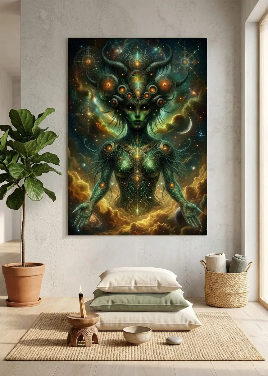 poster d'art contemporain représentant une créature extraterrestre cosmique dans un intérieur minimaliste aux teintes beiges, décoration murale artistique aux teintes vertes – SEVEIA