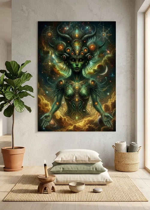 poster d'art contemporain représentant une créature extraterrestre cosmique dans un intérieur minimaliste aux teintes beiges, décoration murale artistique aux teintes vertes – SEVEIA
