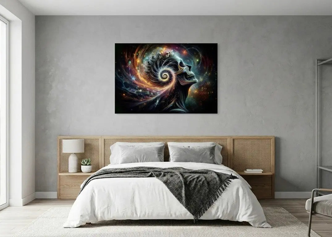 poster d'art contemporain représentant un crâne fossilisé dans un ciel cosmique dans un intérieur minimaliste aux teintes gris et blanc, décoration murale artistique multicolore – SEVEIA