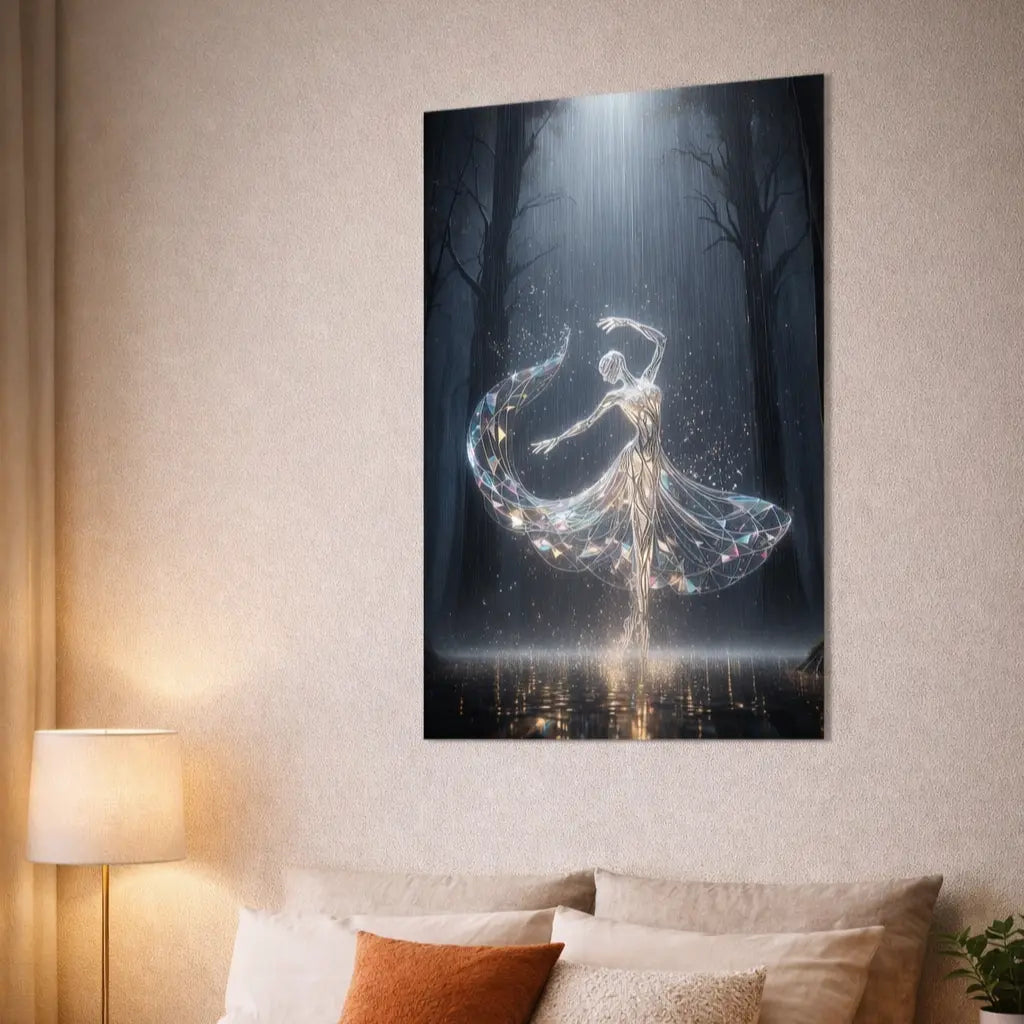Poster premium d'une danseuse lumineuse en robe cristalline dans une forêt sombre, art symbolique de transformation et d’énergie intérieure. Art symbolique contemporain SEVEIA.