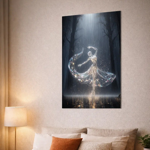 Poster premium d'une danseuse lumineuse en robe cristalline dans une forêt sombre, art symbolique de transformation et d’énergie intérieure. Art symbolique contemporain SEVEIA.