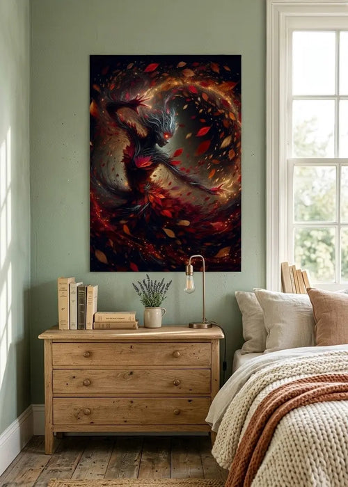 poster d'art contemporain représentant une femme végétale entourée de feuilles d'automne dans un intérieur minimaliste vert et bois, décoration murale artistique aux tons naturels rouges et organiques – SEVEIA